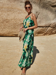 Printed Sleeveless Pattern V-Neck Polyester Long Maxi Dress