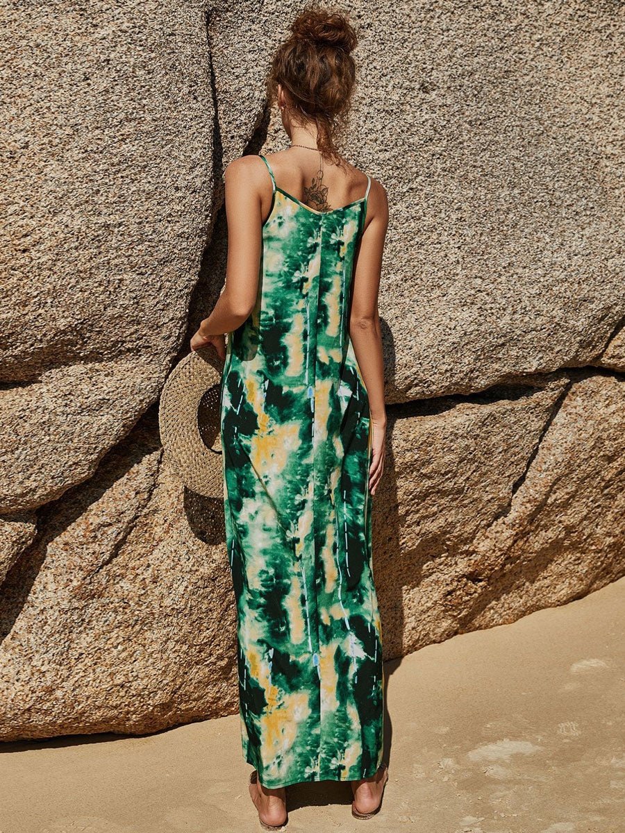 Printed Sleeveless Pattern V-Neck Polyester Long Maxi Dress