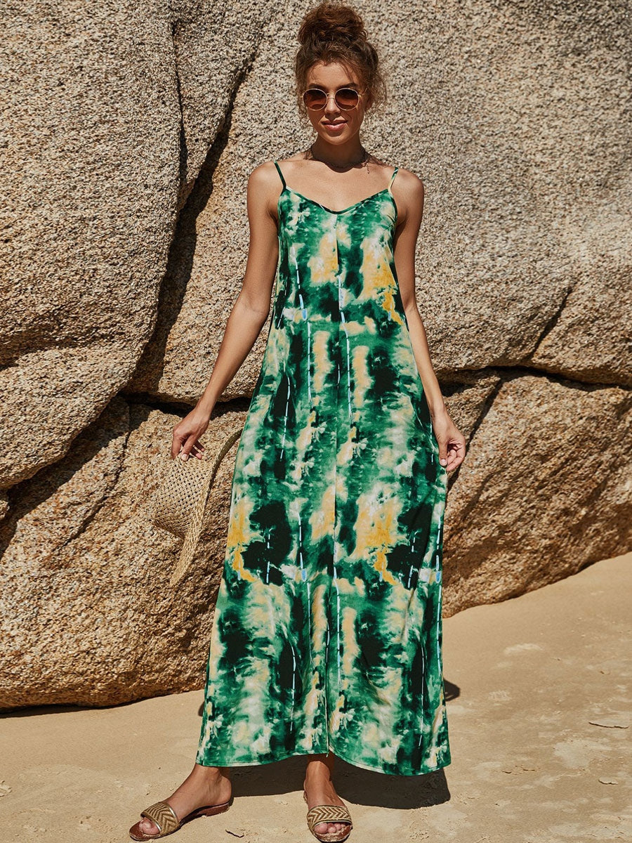 Printed Sleeveless Pattern V-Neck Polyester Long Maxi Dress