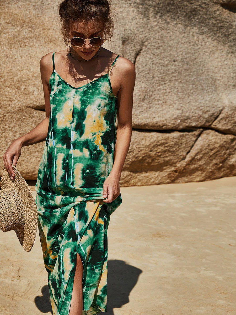 Printed Sleeveless Pattern V-Neck Polyester Long Maxi Dress