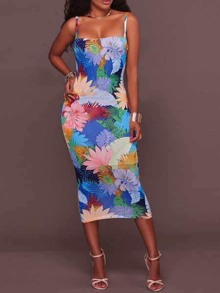 Elegant Printed Stretch Spaghetti Bodycon Midi Dress