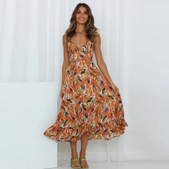 Printed Sundress V-neck Backless Dress