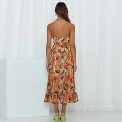 Printed Sundress V-neck Backless Dress