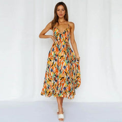 Printed Sundress V-neck Backless Dress