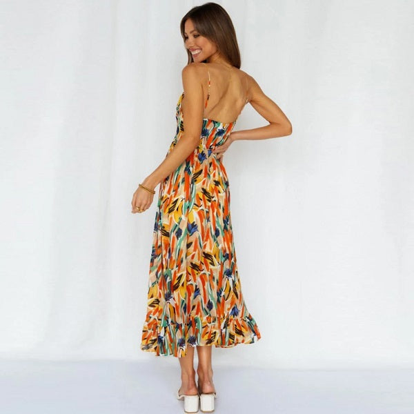 Printed Sundress V-neck Backless Dress