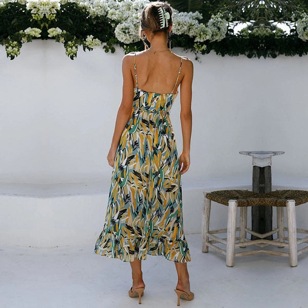 Printed Sundress V-neck Backless Dress