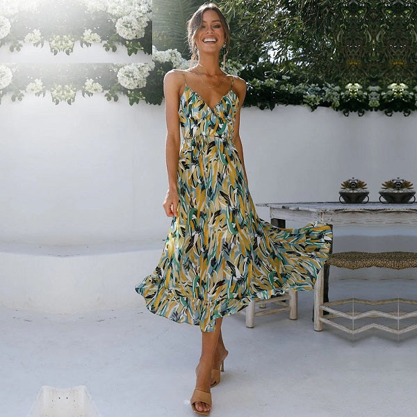 Printed Sundress V-neck Backless Dress