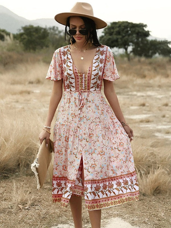 Printed V Neck Short Sleeve High Waist Dress