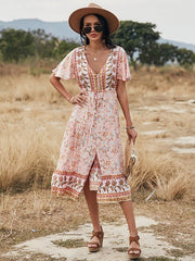 Printed V Neck Short Sleeve High Waist Dress
