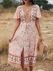 Printed V Neck Short Sleeve High Waist Dress