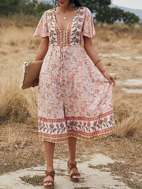 Printed V Neck Short Sleeve High Waist Dress
