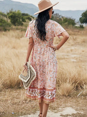 Printed V Neck Short Sleeve High Waist Dress