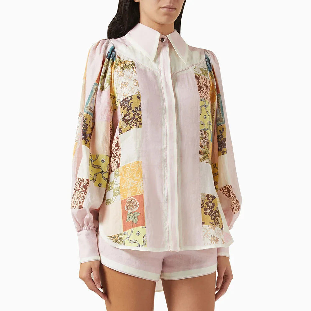 Printing Lapel Long Sleeves Patchwork Single Breasted Top Shorts Set