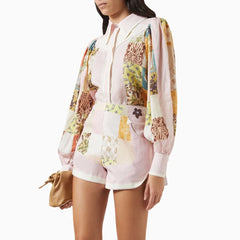 Printing Lapel Long Sleeves Patchwork Single Breasted Top Shorts Set