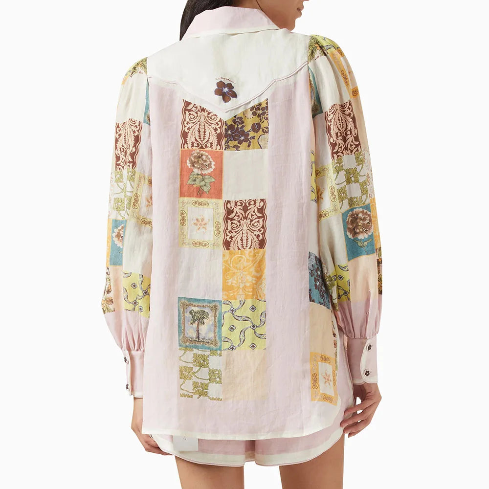 Printing Lapel Long Sleeves Patchwork Single Breasted Top Shorts Set