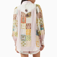 Printing Lapel Long Sleeves Patchwork Single Breasted Top Shorts Set