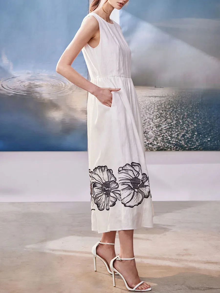 Printing O Neck Sleeveless High Waist Temperamnet Long Dress