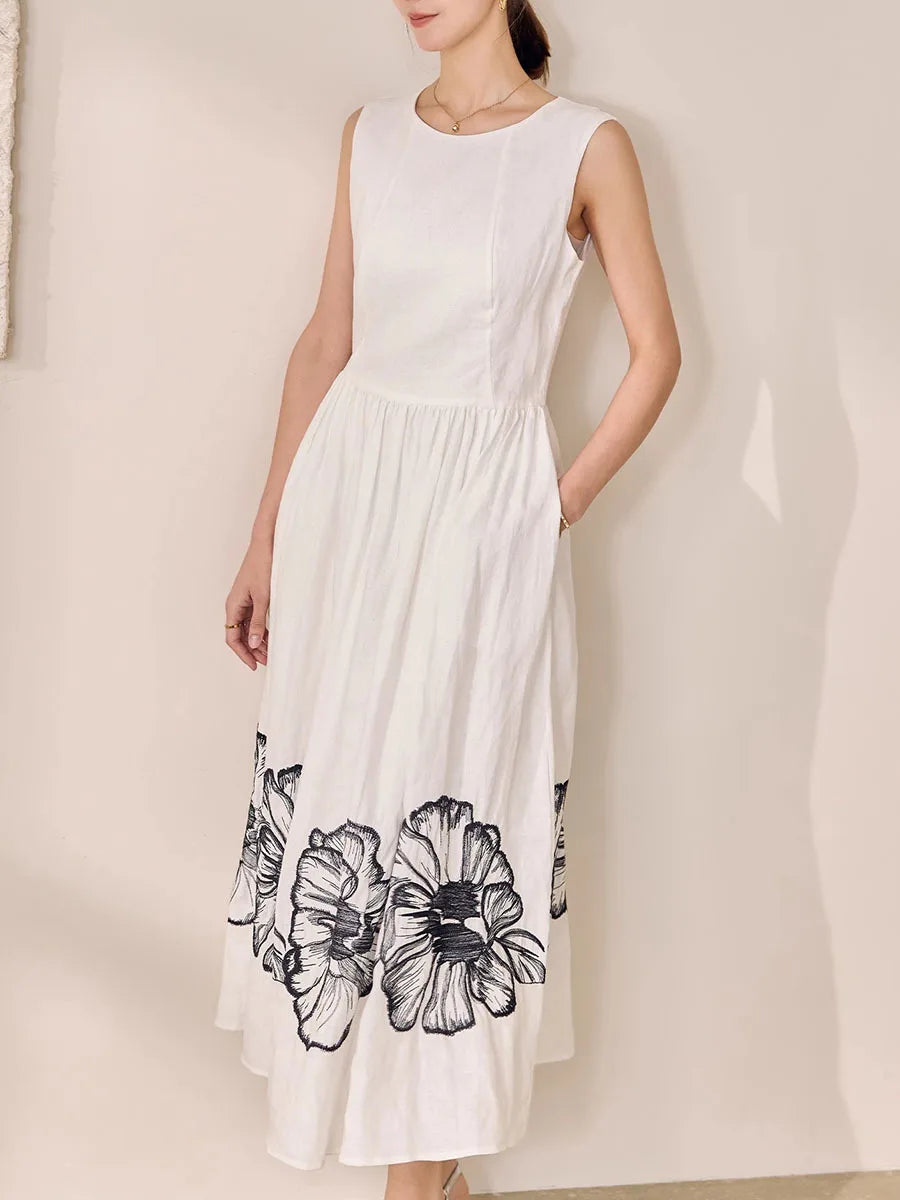 Printing O Neck Sleeveless High Waist Temperamnet Long Dress
