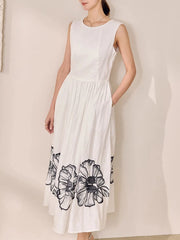 Printing O Neck Sleeveless High Waist Temperamnet Long Dress