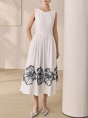 Printing O Neck Sleeveless High Waist Temperamnet Long Dress