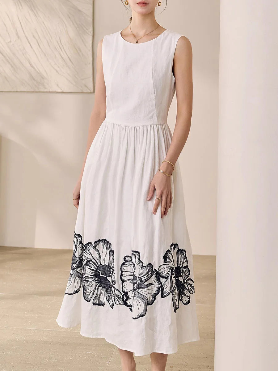 Printing O Neck Sleeveless High Waist Temperamnet Long Dress