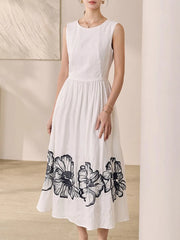 Printing O Neck Sleeveless High Waist Temperamnet Long Dress