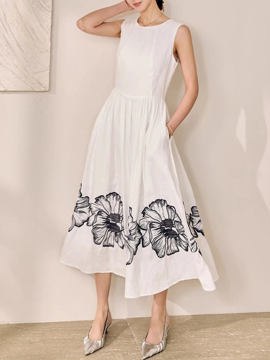 Printing O Neck Sleeveless High Waist Temperamnet Long Dress