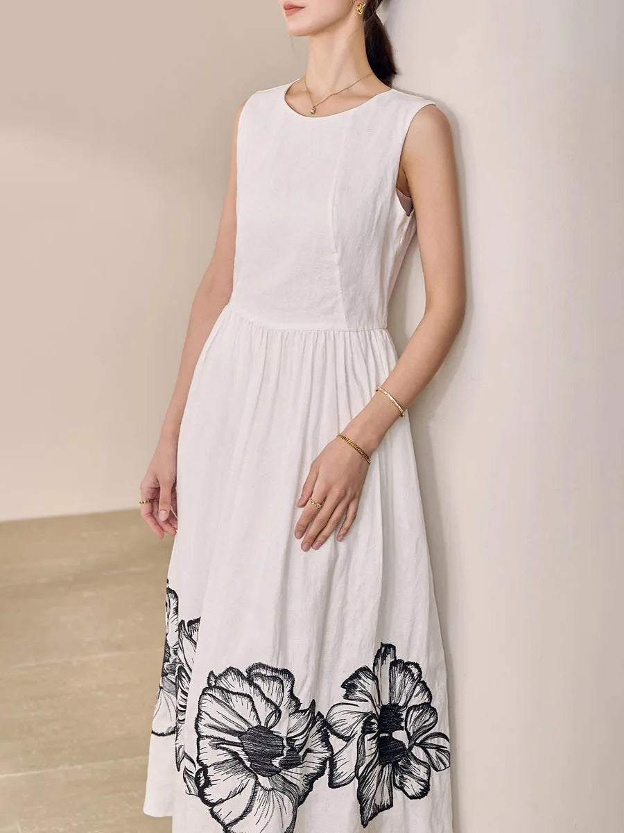 Printing O Neck Sleeveless High Waist Temperamnet Long Dress