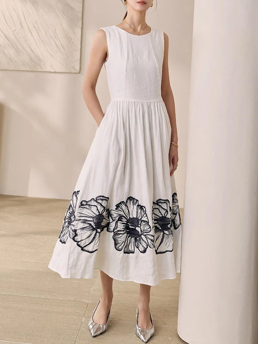 Printing O Neck Sleeveless High Waist Temperamnet Long Dress