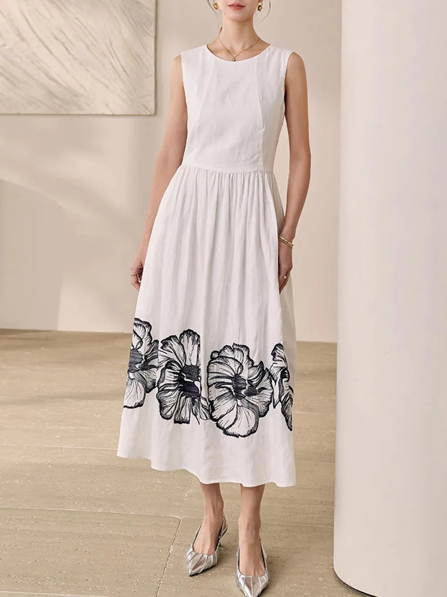 Printing O Neck Sleeveless High Waist Temperamnet Long Dress