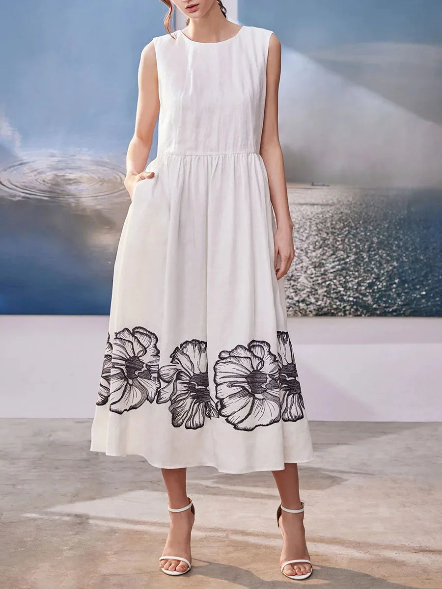 Printing O Neck Sleeveless High Waist Temperamnet Long Dress