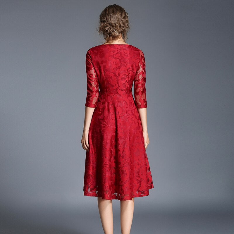 Printing lace plus size office lady party dress