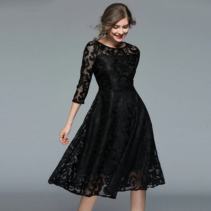 Printing lace plus size office lady party dress