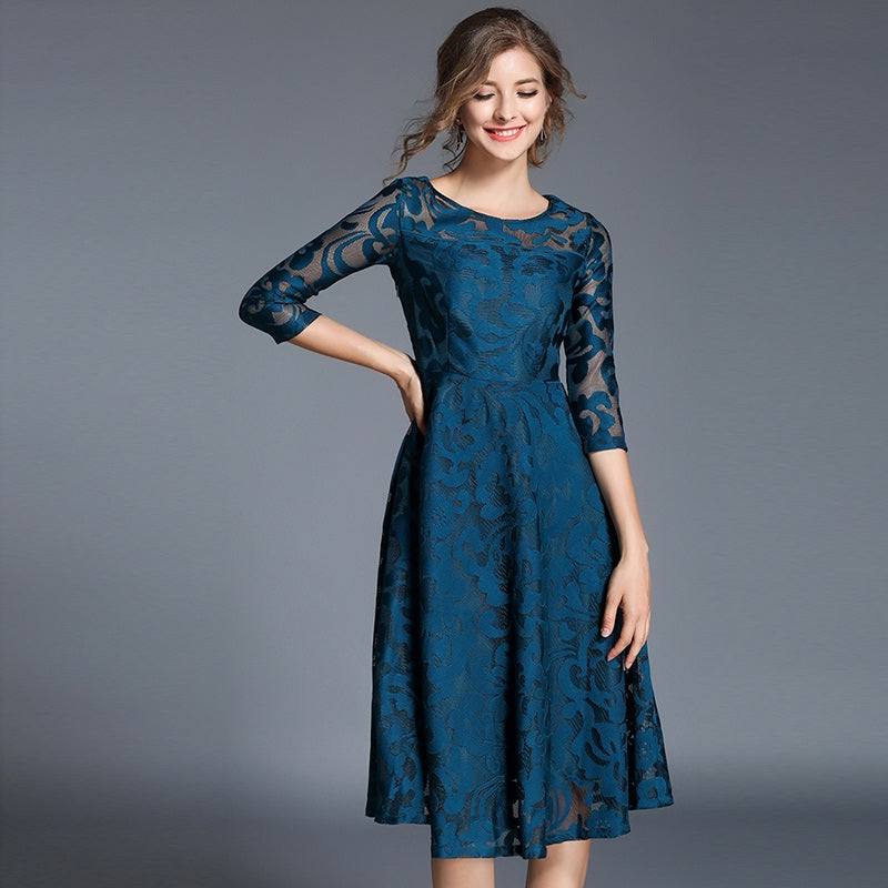 Printing lace plus size office lady party dress