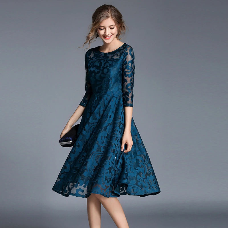Printing lace plus size office lady party dress