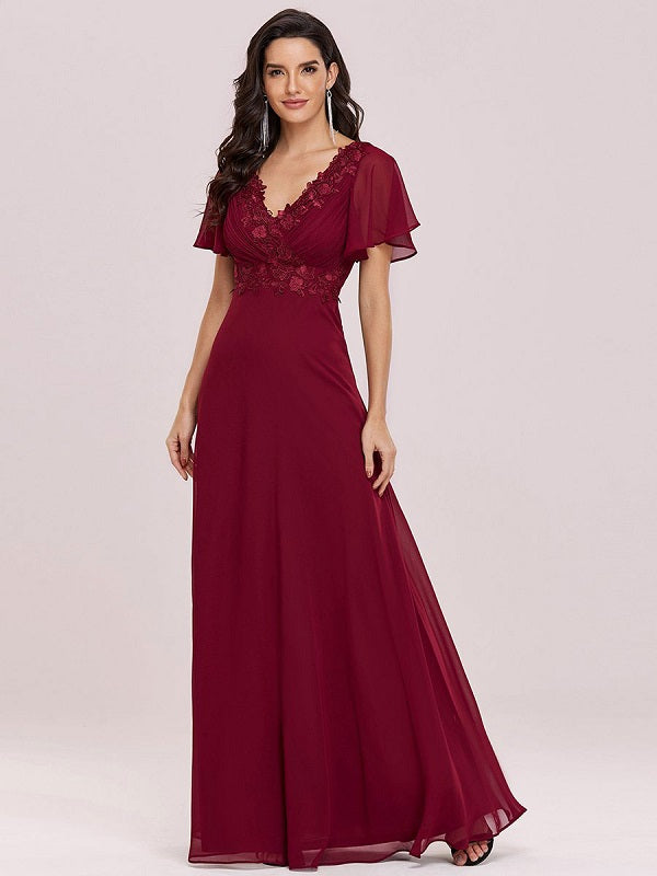 Prom A-Line Chiffon Short Sleeves Floor-Length Dresses