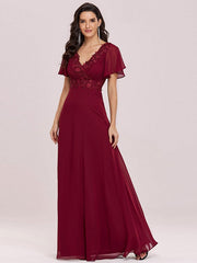 Prom A-Line Chiffon Short Sleeves Floor-Length Dresses
