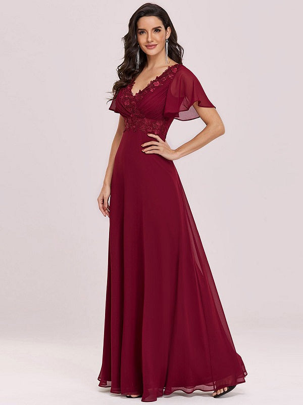 Prom A-Line Chiffon Short Sleeves Floor-Length Dresses