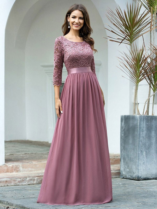 Prom  A-Line Half Sleeves Tulle Lace Floor-Length Dresses