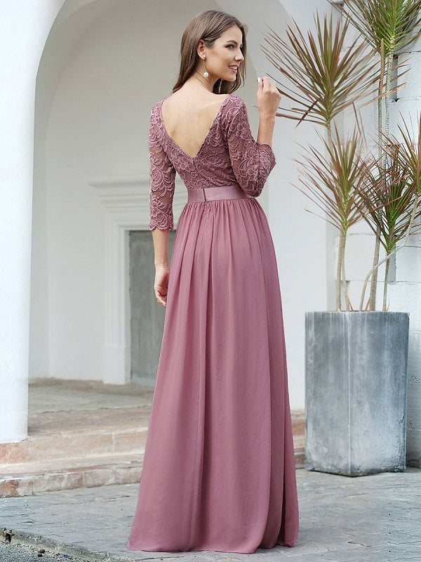 Prom  A-Line Half Sleeves Tulle Lace Floor-Length Dresses