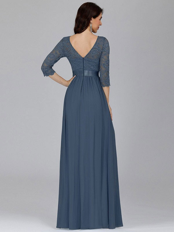 Prom  A-Line Half Sleeves Tulle Lace Floor-Length Dresses