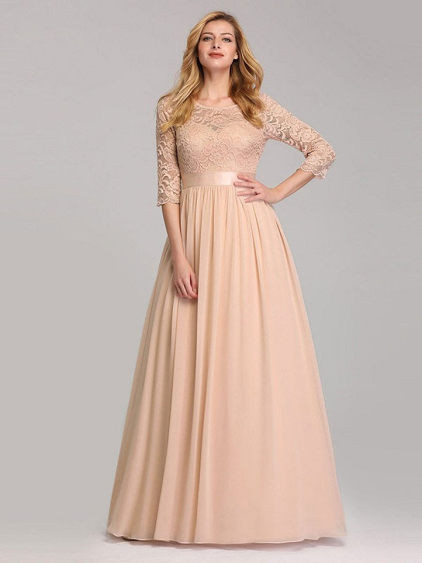 Prom  A-Line Half Sleeves Tulle Lace Floor-Length Dresses