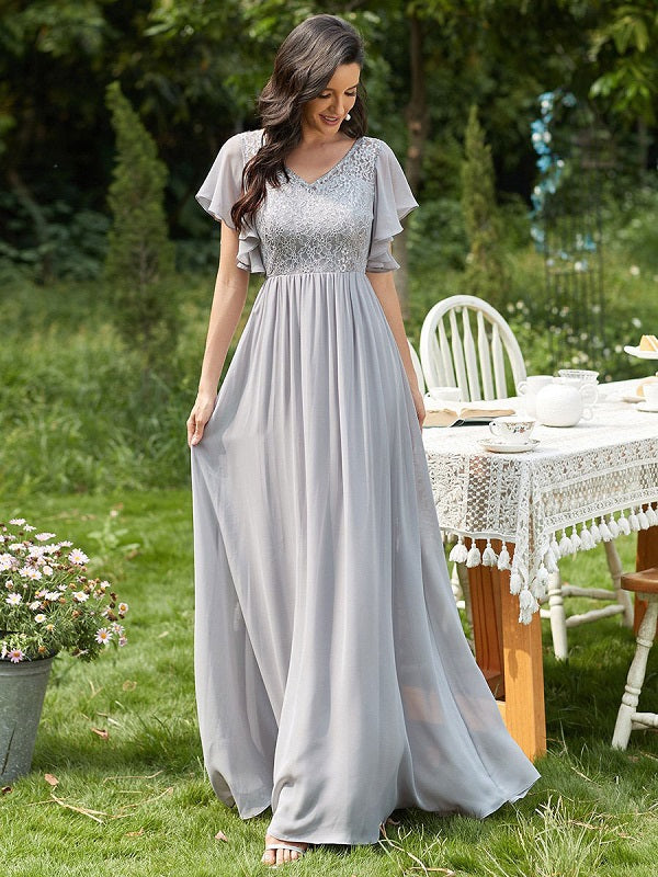 Prom A-Line Lace Short Sleeves Lace Long Party Dresses