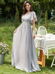 Prom A-Line Lace Short Sleeves Lace Long Party Dresses