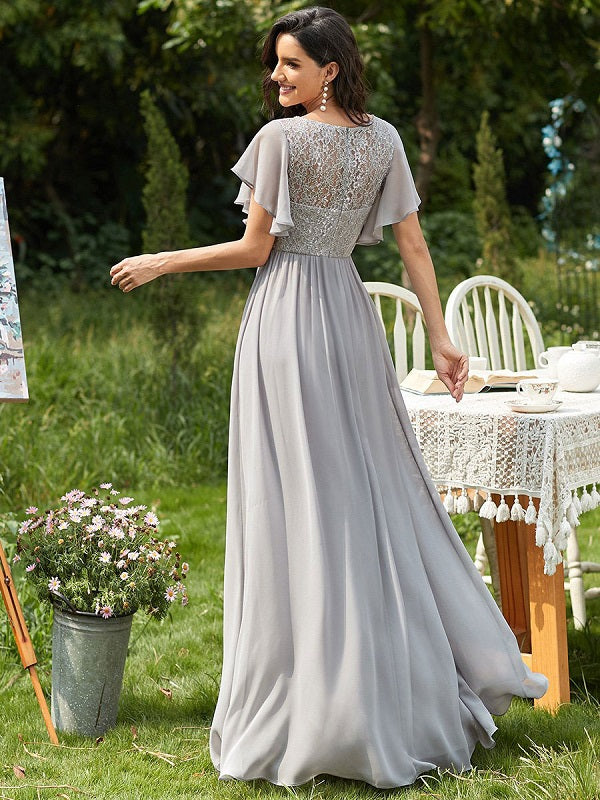 Prom A-Line Lace Short Sleeves Lace Long Party Dresses