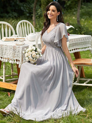 Prom A-Line Lace Short Sleeves Lace Long Party Dresses