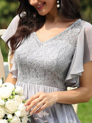 Prom A-Line Lace Short Sleeves Lace Long Party Dresses