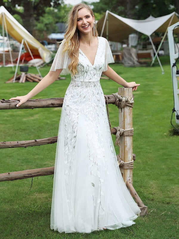 Prom A-Line Short Sleeves Lace Tulle Party Dresses