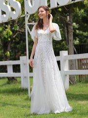 Prom A-Line Short Sleeves Lace Tulle Party Dresses