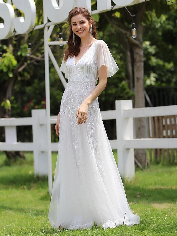 Prom A-Line Short Sleeves Lace Tulle Party Dresses